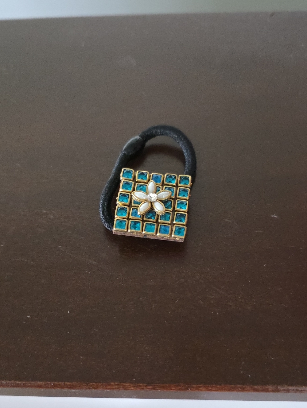 Gold Satin Flower Hair Tie with Turquoise Tile Accent